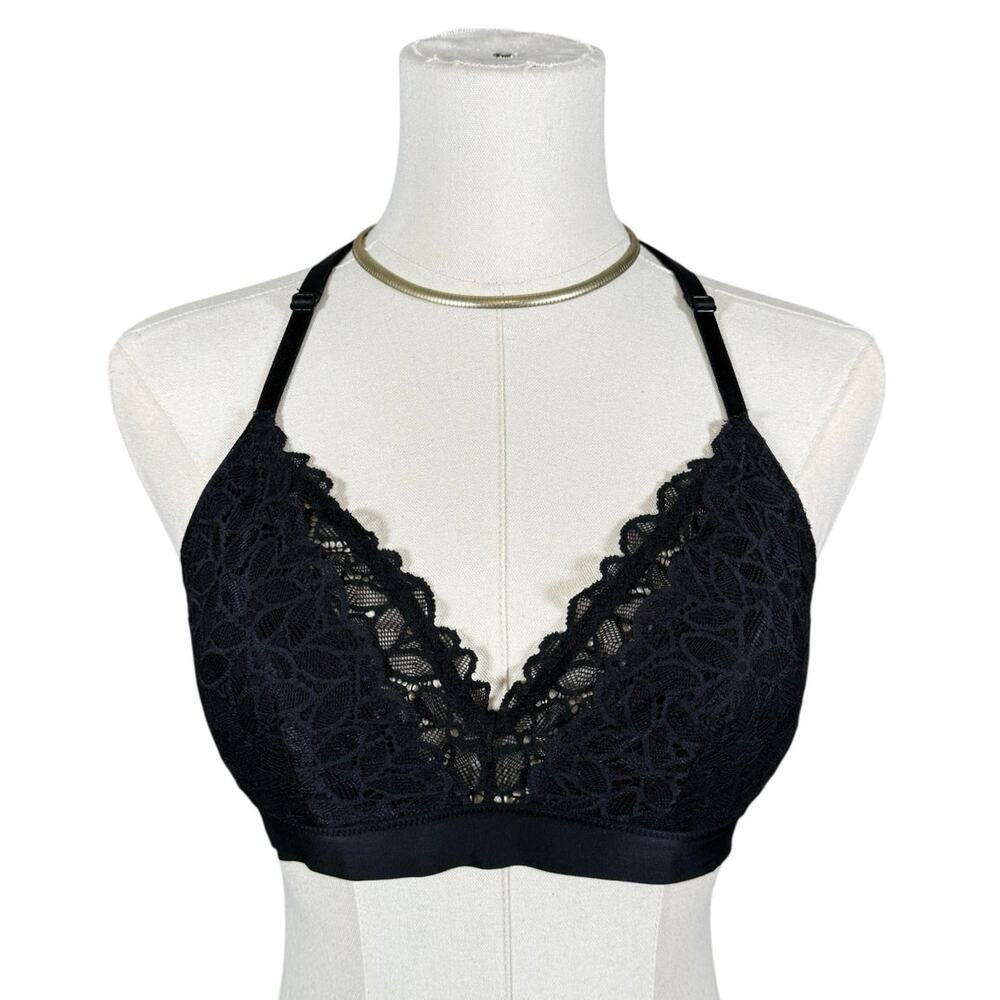 Aerie Black Lace Bralette Large Strappy Plunge Soft Cup Racerback Boho Festival